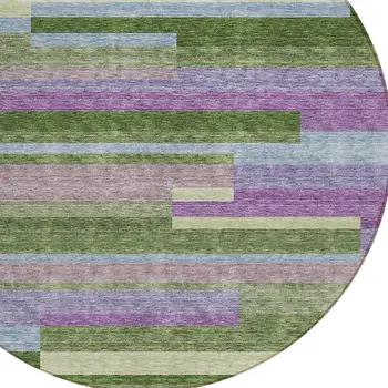 8' Moss Green Olive Green And Purple Round Striped Washable Indoor Outdoor Area Rug