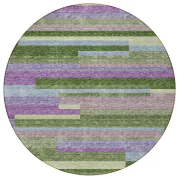 8' Moss Green Olive Green And Purple Round Striped Washable Indoor Outdoor Area Rug