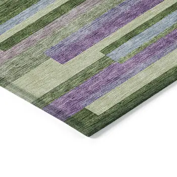 8' X 10' Moss Green Olive Green And Purple Striped Washable Indoor Outdoor Area Rug