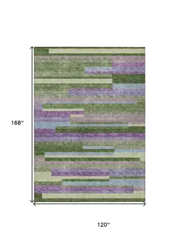 10' X 14' Moss Green Olive Green And Purple Striped Washable Indoor Outdoor Area Rug