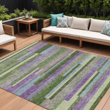 10' X 14' Moss Green Olive Green And Purple Striped Washable Indoor Outdoor Area Rug