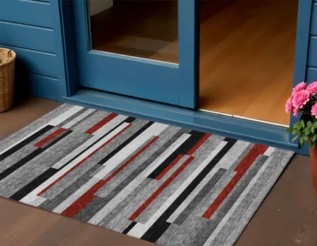 3' X 5' Gray Black And Red Striped Washable Indoor Outdoor Area Rug