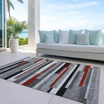 3' X 5' Gray Black And Red Striped Washable Indoor Outdoor Area Rug