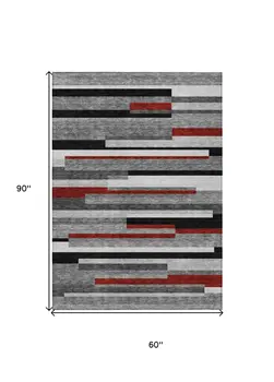 5' X 8' Gray Black And Red Striped Washable Indoor Outdoor Area Rug