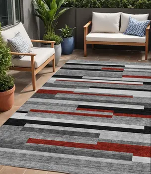 5' X 8' Gray Black And Red Striped Washable Indoor Outdoor Area Rug