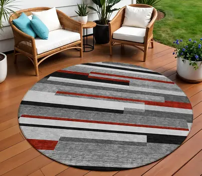 8' Gray Black And Red Round Striped Washable Indoor Outdoor Area Rug
