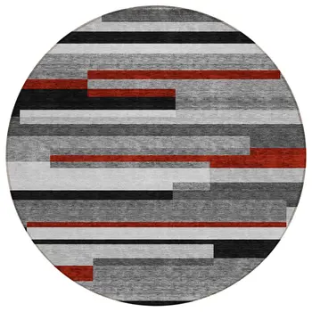 8' Gray Black And Red Round Striped Washable Indoor Outdoor Area Rug
