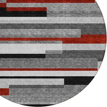 8' Gray Black And Red Round Striped Washable Indoor Outdoor Area Rug