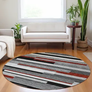8' Gray Black And Red Round Striped Washable Indoor Outdoor Area Rug