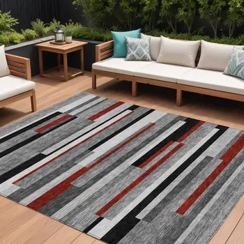 10' X 14' Gray Black And Red Striped Washable Indoor Outdoor Area Rug