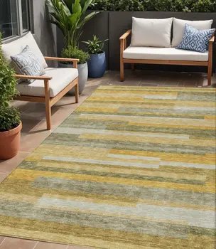 5' X 8' Gold Wheat And Ivory Striped Washable Indoor Outdoor Area Rug