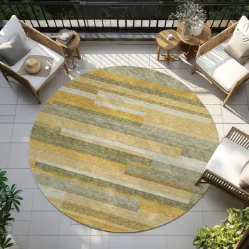 8' Gold Wheat And Ivory Round Striped Washable Indoor Outdoor Area Rug
