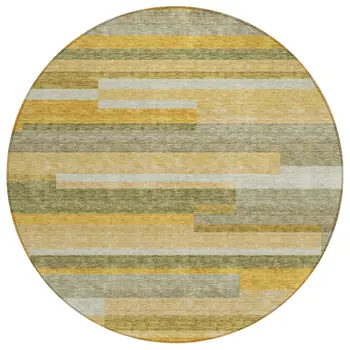 8' Gold Wheat And Ivory Round Striped Washable Indoor Outdoor Area Rug