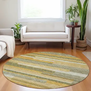 8' Gold Wheat And Ivory Round Striped Washable Indoor Outdoor Area Rug