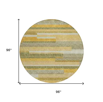 8' Gold Wheat And Ivory Round Striped Washable Indoor Outdoor Area Rug