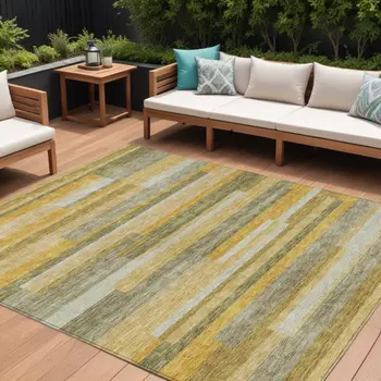 8' X 10' Gold Wheat And Ivory Striped Washable Indoor Outdoor Area Rug