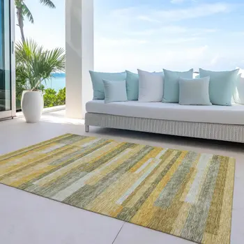 8' X 10' Gold Wheat And Ivory Striped Washable Indoor Outdoor Area Rug
