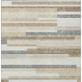 3' X 5' Ivory Beige And Taupe Striped Washable Indoor Outdoor Area Rug