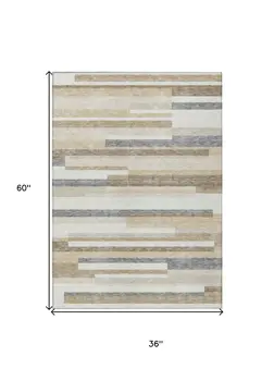 3' X 5' Ivory Beige And Taupe Striped Washable Indoor Outdoor Area Rug