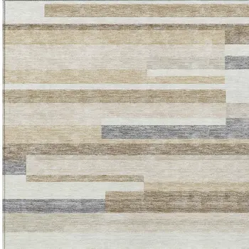 3' X 5' Ivory Beige And Taupe Striped Washable Indoor Outdoor Area Rug