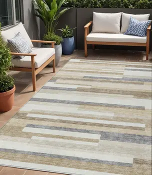 5' X 8' Ivory Beige And Taupe Striped Washable Indoor Outdoor Area Rug