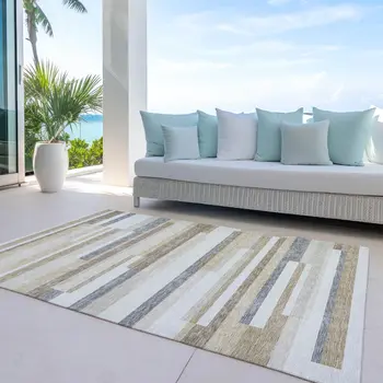5' X 8' Ivory Beige And Taupe Striped Washable Indoor Outdoor Area Rug