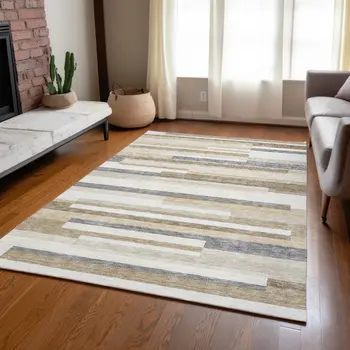 5' X 8' Ivory Beige And Taupe Striped Washable Indoor Outdoor Area Rug