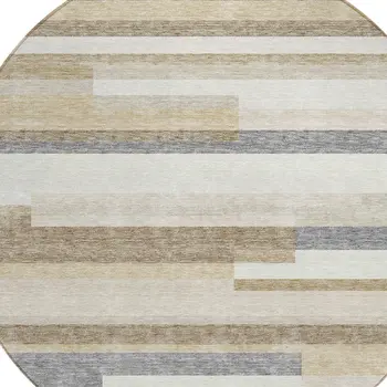 8' Ivory Beige And Taupe Round Striped Washable Indoor Outdoor Area Rug