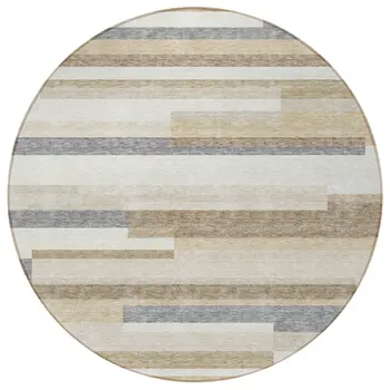 8' Ivory Beige And Taupe Round Striped Washable Indoor Outdoor Area Rug