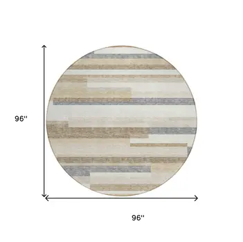8' Ivory Beige And Taupe Round Striped Washable Indoor Outdoor Area Rug