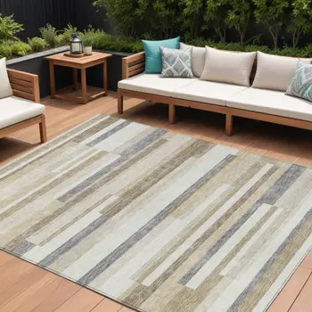 8' X 10' Ivory Beige And Taupe Striped Washable Indoor Outdoor Area Rug