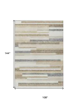 9' X 12' Ivory Beige And Taupe Striped Washable Indoor Outdoor Area Rug