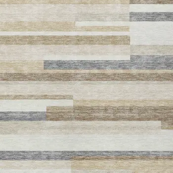 9' X 12' Ivory Beige And Taupe Striped Washable Indoor Outdoor Area Rug