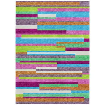 3' X 5' Lavender Orange And Lime Green Striped Washable Indoor Outdoor Area Rug