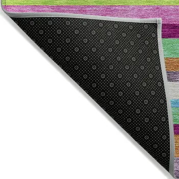 3' X 5' Lavender Orange And Lime Green Striped Washable Indoor Outdoor Area Rug