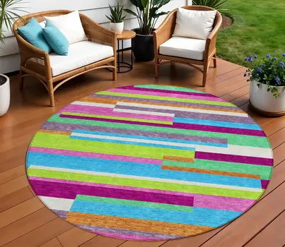 8' Lavender Orange And Lime Green Round Striped Washable Indoor Outdoor Area Rug