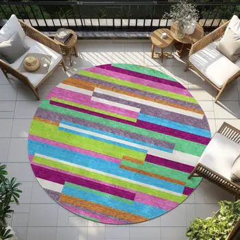 8' Lavender Orange And Lime Green Round Striped Washable Indoor Outdoor Area Rug