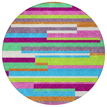 8' Lavender Orange And Lime Green Round Striped Washable Indoor Outdoor Area Rug