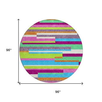 8' Lavender Orange And Lime Green Round Striped Washable Indoor Outdoor Area Rug