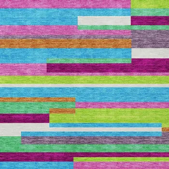 8' X 10' Lavender Orange And Lime Green Striped Washable Indoor Outdoor Area Rug