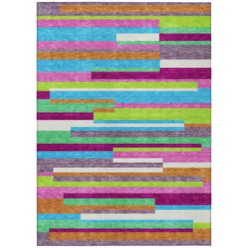 9' X 12' Lavender Orange And Lime Green Striped Washable Indoor Outdoor Area Rug