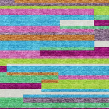 9' X 12' Lavender Orange And Lime Green Striped Washable Indoor Outdoor Area Rug