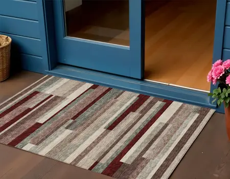 3' X 5' Merlot Burgundy And Beige Striped Washable Indoor Outdoor Area Rug
