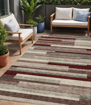 5' X 8' Merlot Burgundy And Beige Striped Washable Indoor Outdoor Area Rug