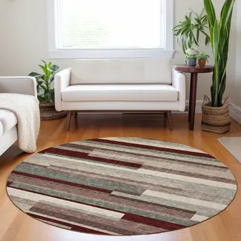 8' Merlot Burgundy And Beige Round Striped Washable Indoor Outdoor Area Rug