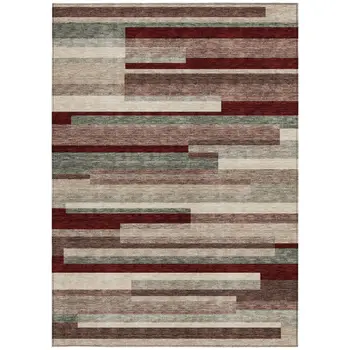 8' X 10' Merlot Burgundy And Beige Striped Washable Indoor Outdoor Area Rug