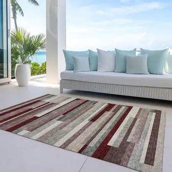 8' X 10' Merlot Burgundy And Beige Striped Washable Indoor Outdoor Area Rug