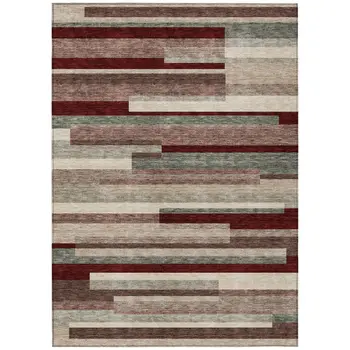 8' X 10' Merlot Burgundy And Beige Striped Washable Indoor Outdoor Area Rug