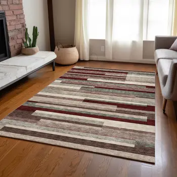 8' X 10' Merlot Burgundy And Beige Striped Washable Indoor Outdoor Area Rug