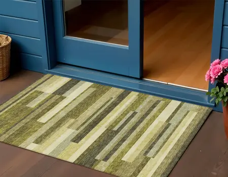 3' X 5' Olive Green Ivory And Beige Striped Washable Indoor Outdoor Area Rug